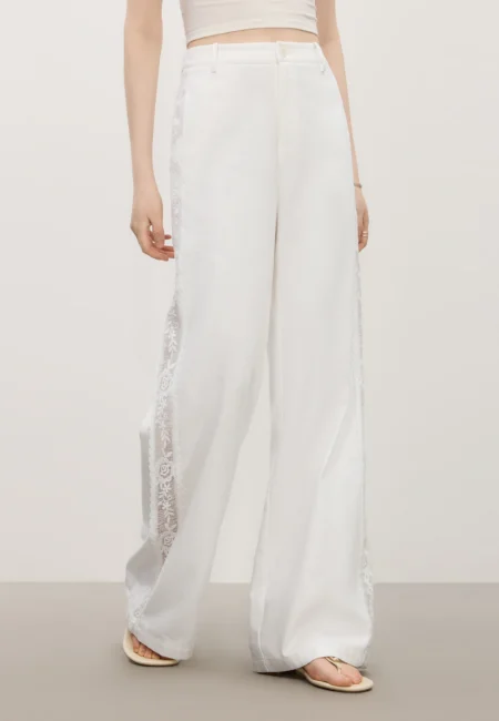 FSLE White Lace Trim Cut out Patchwork Wide Leg Pants for Women 100% Cotton Summer New Arrival Office Outfits 25FS12767