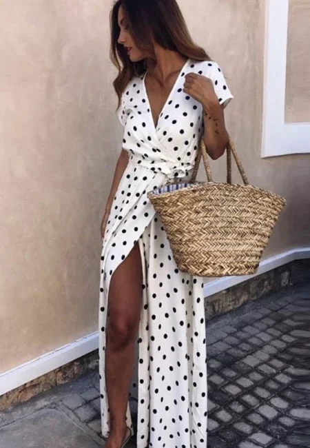 Women's Split Hem Polka Dot Maxi Dress Bohemian Long Dress Belted Fashion Short Sleeve V Neck Sundress Summer New