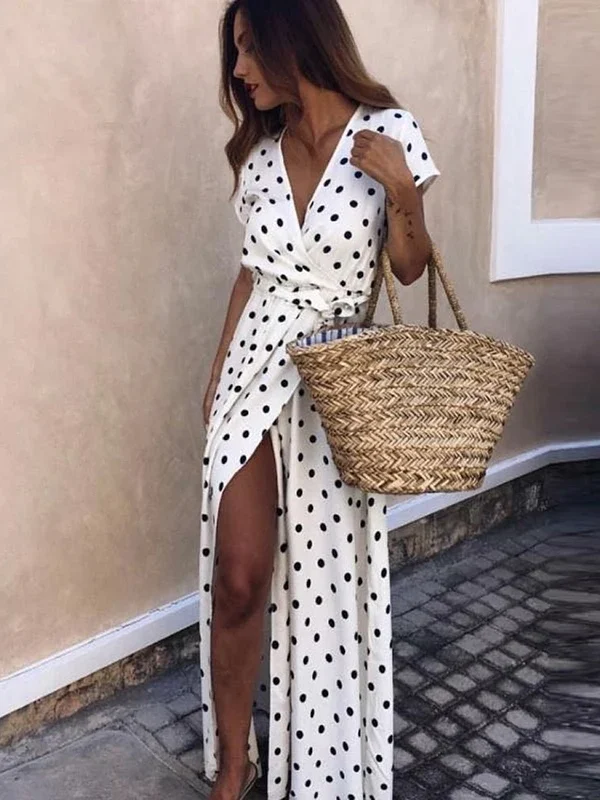 Moopsi 35 Women'S Split Hem Polka Dot Maxi Dress Bohemian Long Dress Belted Fashion Short Sleeve V Neck Sundress Summer New