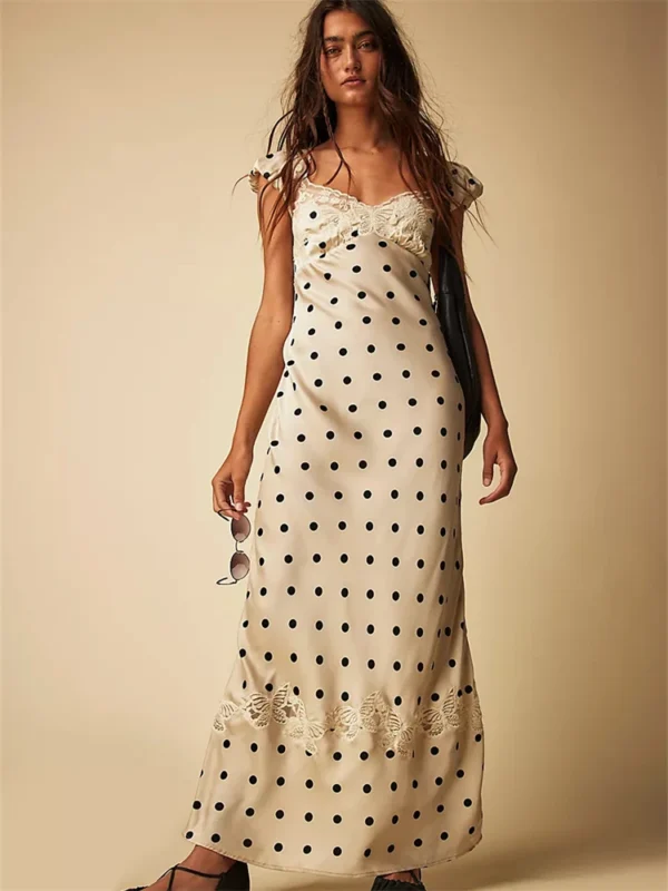 Absobe French Lace Patchwork Satin Polka Dot A Line Maxi Dress For Women Elegant Backless Long Gown Chic Birthday Party Outfit