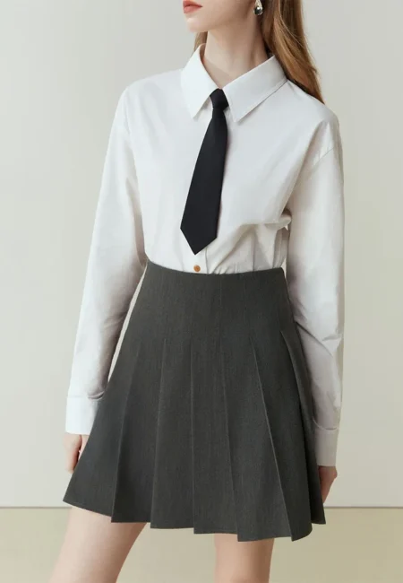 FSLE College Style Women Grey Short Pleated Skirts Office Lady Spring High Waist A LINE Skirt Women Above Knee Skirt
