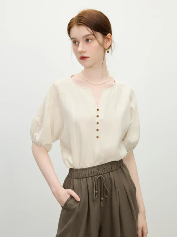 Loose Short-Sleeved Blouse in Beige with Regular Fit