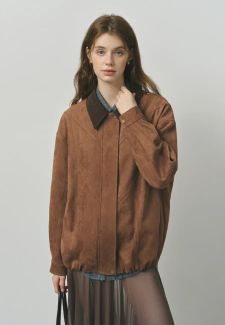 Sophie Retro Style Maillard Suede Long Sleeves Jacket for Women Autumn New Arrival Contrast Color Lapel Chic Coat 25FS13162