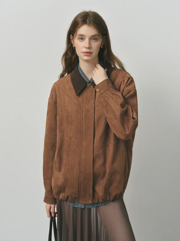 Retro Camel Jacket With Contrast Lapel - Loose Fit 2 Sophie Retro Style Maillard Suede Long Sleeves Jacket For Women Autumn New Arrival Contrast Color Lapel Chic Coat 25Fs13162