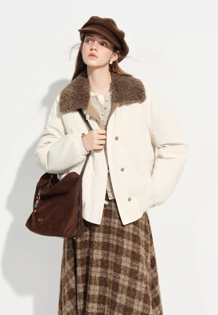 Sienna Vintage Design Color Blocked Removable Faux Fur Collar Jacket Winter New Short Oversize Thickened Casual Outerwear