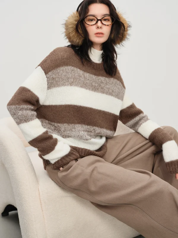 FSLE Winter Women's Mohair Knit Sweater Striped Round Neck Soft Pullover Top with Cozy Comfort for Casual Elegance