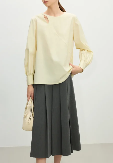 FSLE Women White Blouses Hollow Collar Long Sleeve Spring Women Shirt Tops Light Yellow Cotton Commuter Shirts 25FS11217