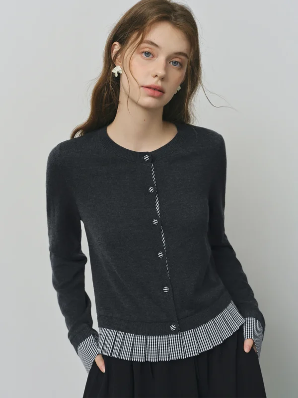 Autumn Cardigan with Pleated Check Pattern for Women