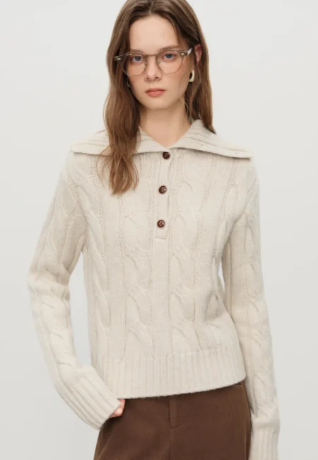 FSLE Reversible Turned Up Collar Floral Knit Sweater for Women Winter New Arrival Slightly Oversized Fit Sweaters Pullovers