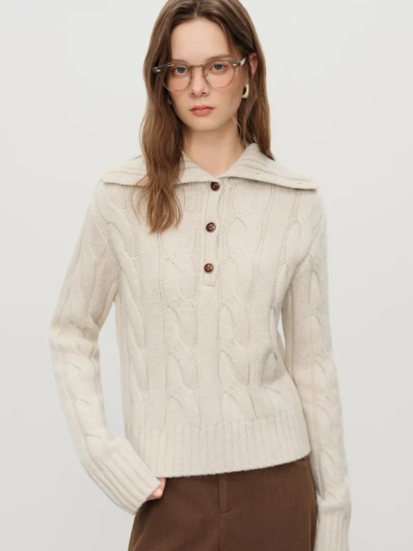 FSLE Reversible Turned Up Collar Floral Knit Sweater for Women Winter New Arrival Slightly Oversized Fit Sweaters Pullovers