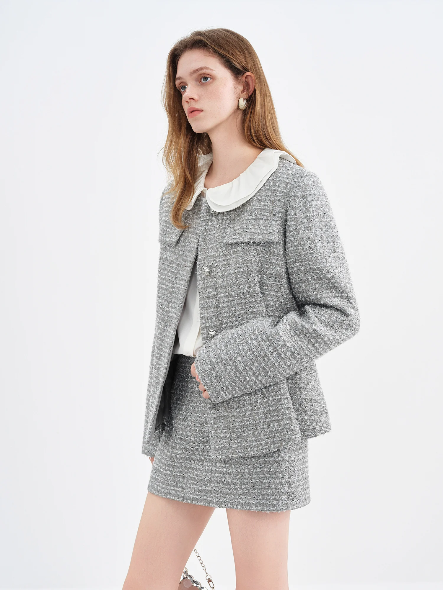 kf-S72654b68f2784aea9dac05e85f828d151 FSLE Women's Tweed Wool Blend Suit Winter Fit Cocktail Party Outfit Mini Skirts Sets Starry Gray Elegant