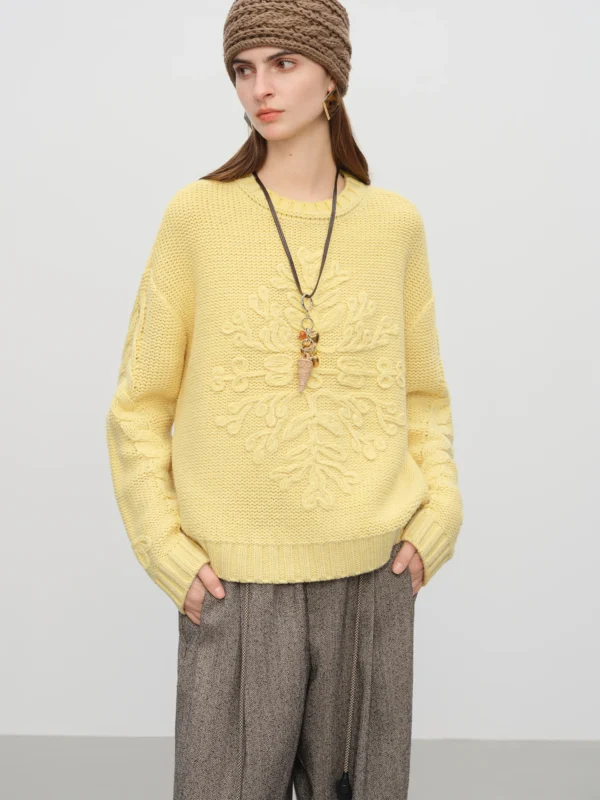 FSLE【Premium Series】Designer Sweater Vintage Style Women Autumn Winter Crochet Pattern Soft Round Neck Knit Top Christmas Wear