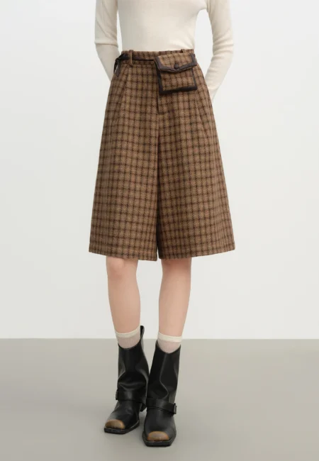 FSLE Designer Pants Autumn Women Plaid Pants with Detachable Pocket Vintage High Waist Trousers Classic Check Pattern Retro Wear