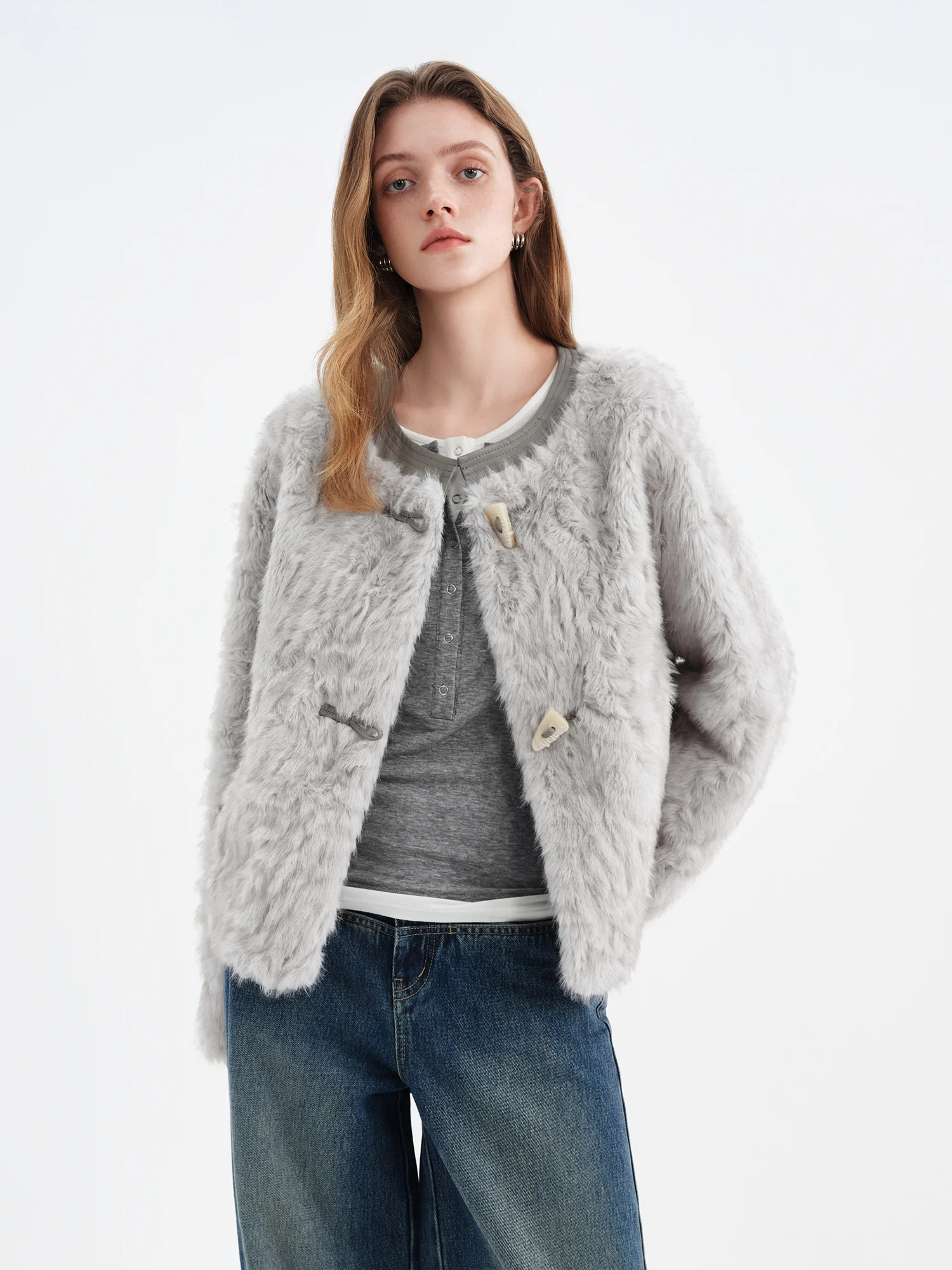 kf-S7bd95812756741ecb5c1b746880c4822w FSLE 【Premium Series】Faux Wool Embossed Suede Patchwork Short Jacket for Women Winter New Arrival College Style Outerwear