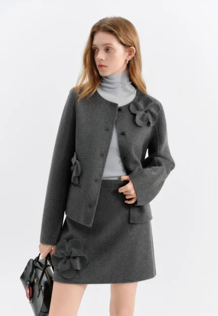 FSLE Winter Women Short Wool Blend Coat Set with 3D Floral Pattern Elegant Two Piece Outerwear for Casual and Date Nights