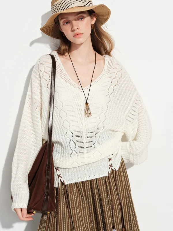 Women's Deep V-Neck Batwing Sleeve Knit Top in Ivory