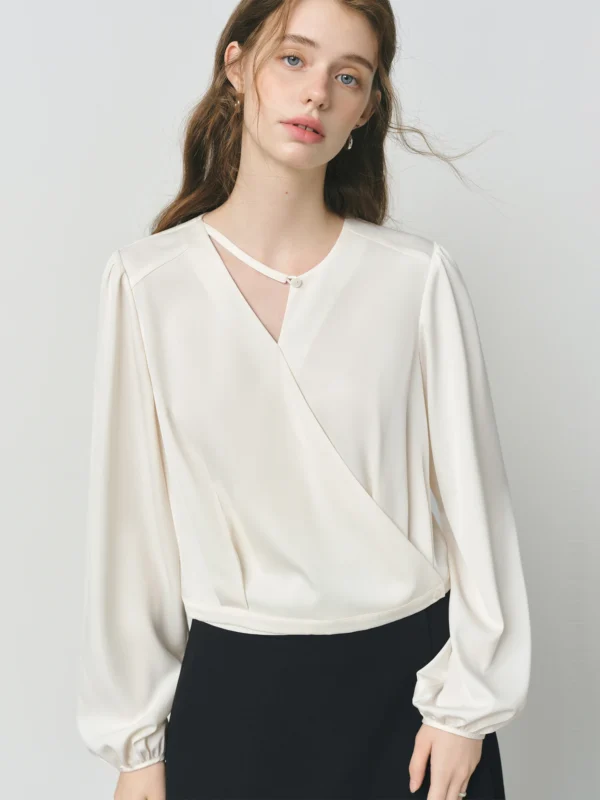 Asymmetrical Beige V-Neck Blouse with Loose Fit