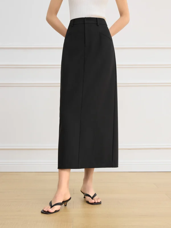 FSLE Women Black Long Skirts Spring High Waist Midi Simple Skirt Office Lady Back Spilt Design Temperament Skirt 25FS11267