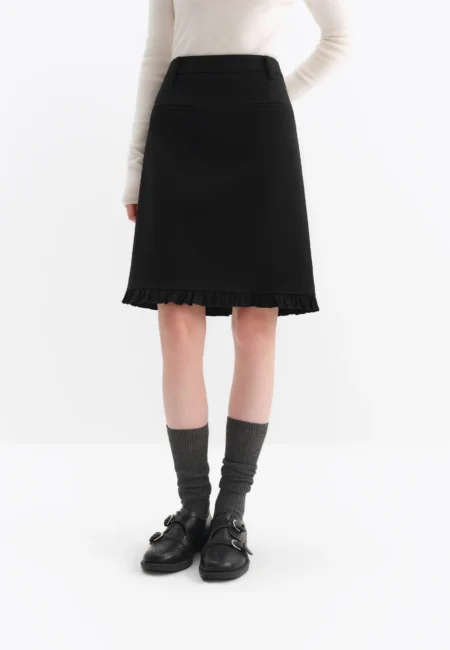 FSLE Elegant Design Ruffled Hem Flattering A Line Half Skirt Winter Autumn New Arrival Skirt Black Knee High Office Skirts