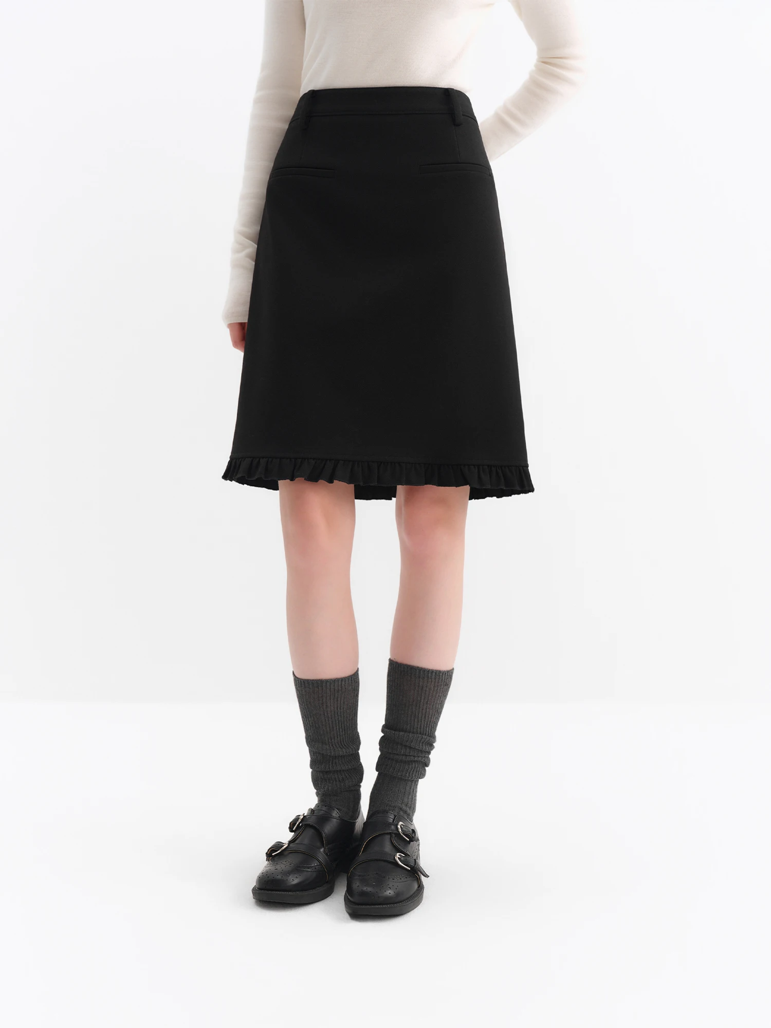kf-S8c1567eda68846db8358830aa49a8375a FSLE Elegant Design Ruffled Hem Flattering A Line Half Skirt Winter Autumn New Arrival Skirt Black Knee High Office Skirts