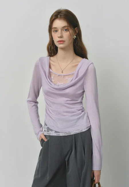 FSLE Purple Swing Collar Mesh Knit Sweater Women Autumn New Thin Slightly Transparent Long Sleeve Top 25FS13060