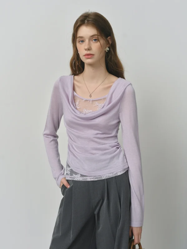 FSLE Purple Swing Collar Mesh Knit Sweater Women Autumn New Thin Slightly Transparent Long Sleeve Top 25FS13060