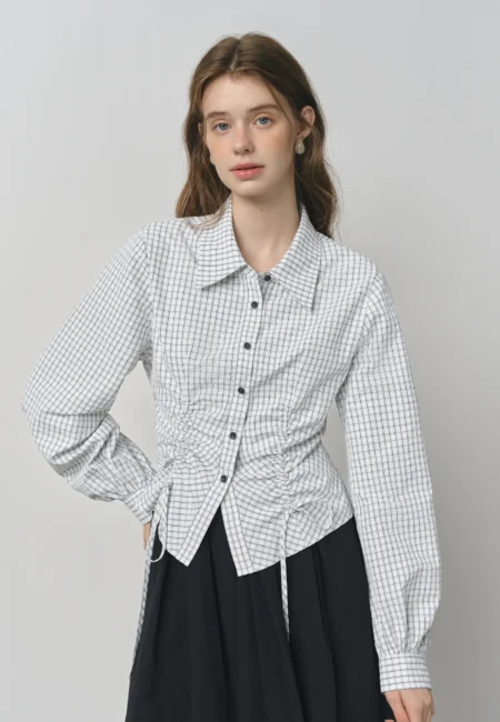 ​FSLE Autumn Women's Plaid Long Sleeve Shirt Preppy Style Waist Tie Drawstring Adjustable Fit Casual Blouse Tunic Top​