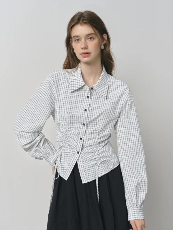 Women's Black Plaid Long Sleeve Shirt with Waist Tie