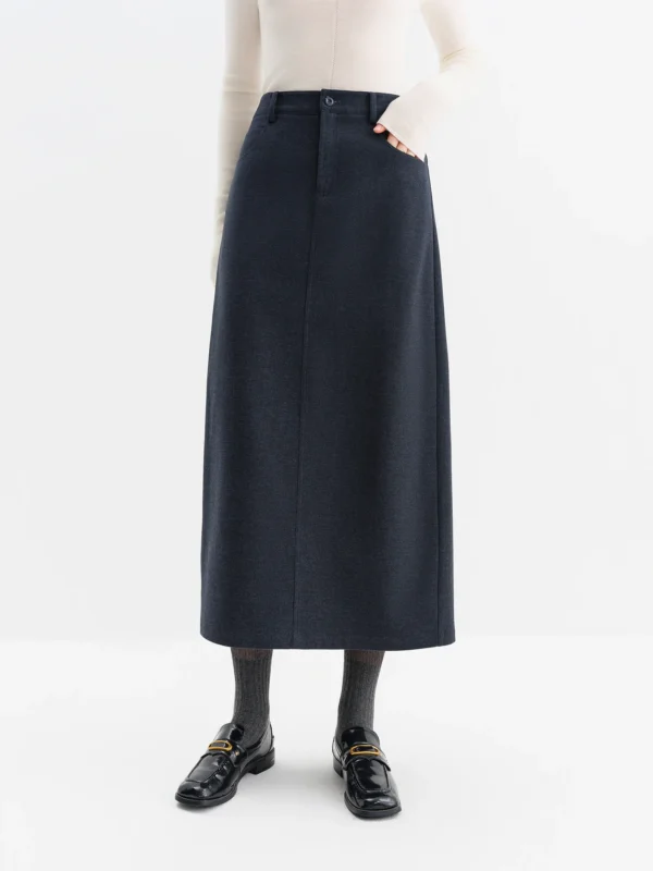 ​FSLE Winter Women's Dark Blue High Waist Denim Skirt Rivet Detail A Line Stretch Mid Length Skirt for Daily Casual Wear