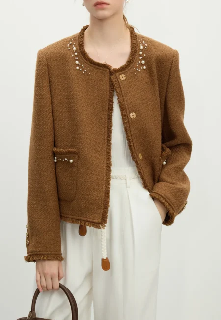 FSLE Office Lady French Short Jacket for Spring New Wool Texture Heavy Industry Nail Bead Top Casual Loose Coats 25FS11059
