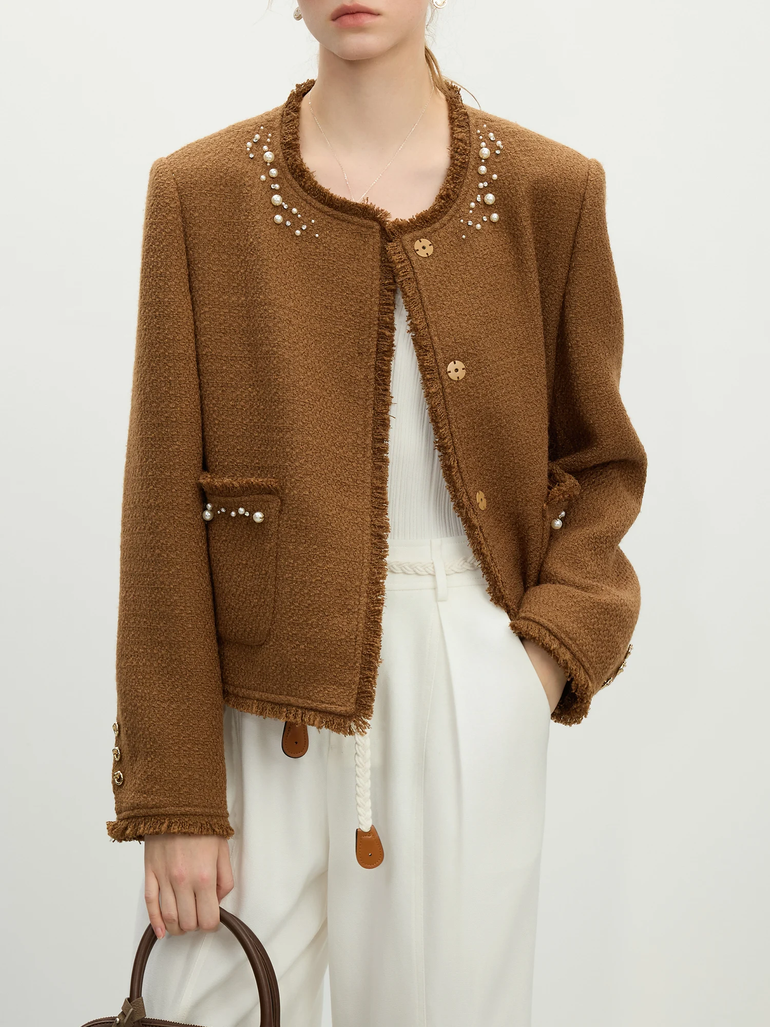 kf-S914d4961f3644cfd81b0aa805a8b75280 FSLE Office Lady French Short Jacket for Spring New Wool Texture Heavy Industry Nail Bead Top Casual Loose Coats 25FS11059