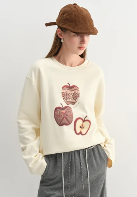FSLE Spring Autumn New Women's American Retro Funny Apple Print T Shirt Casual Loose Fit Round Neck Top Y2K Vintage Streetwear