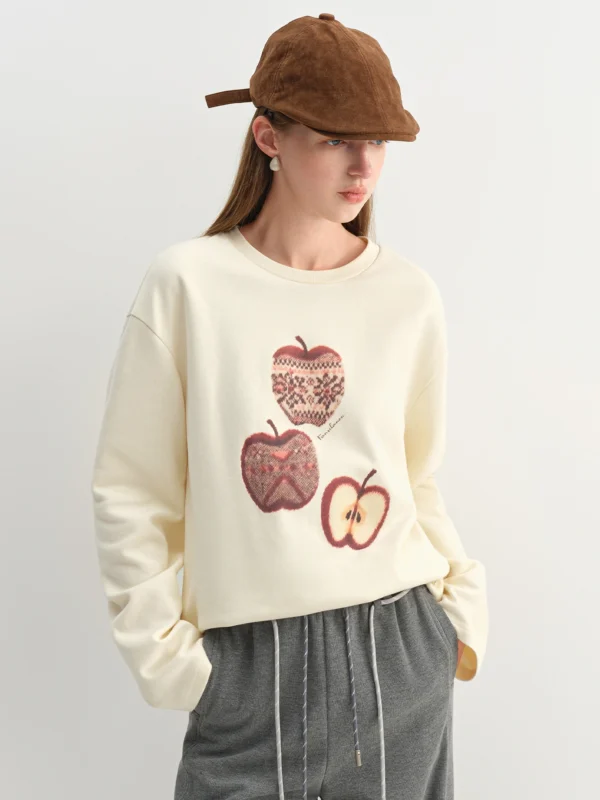 American Retro Apple Print T-Shirt in Beige - Regular Fit