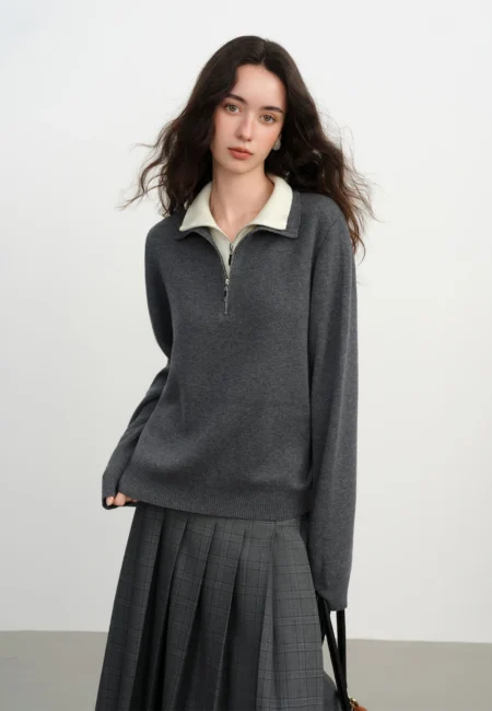 FSLE Color Block Fake Two Piece Women's Half High Collar Knitwear Winter New Arrival, Versatile Color Block Knit Pullover