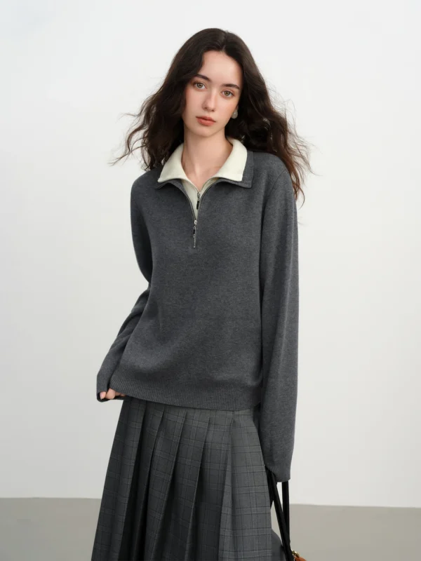 FSLE Color Block Fake Two Piece Women's Half High Collar Knitwear Winter New Arrival, Versatile Color Block Knit Pullover