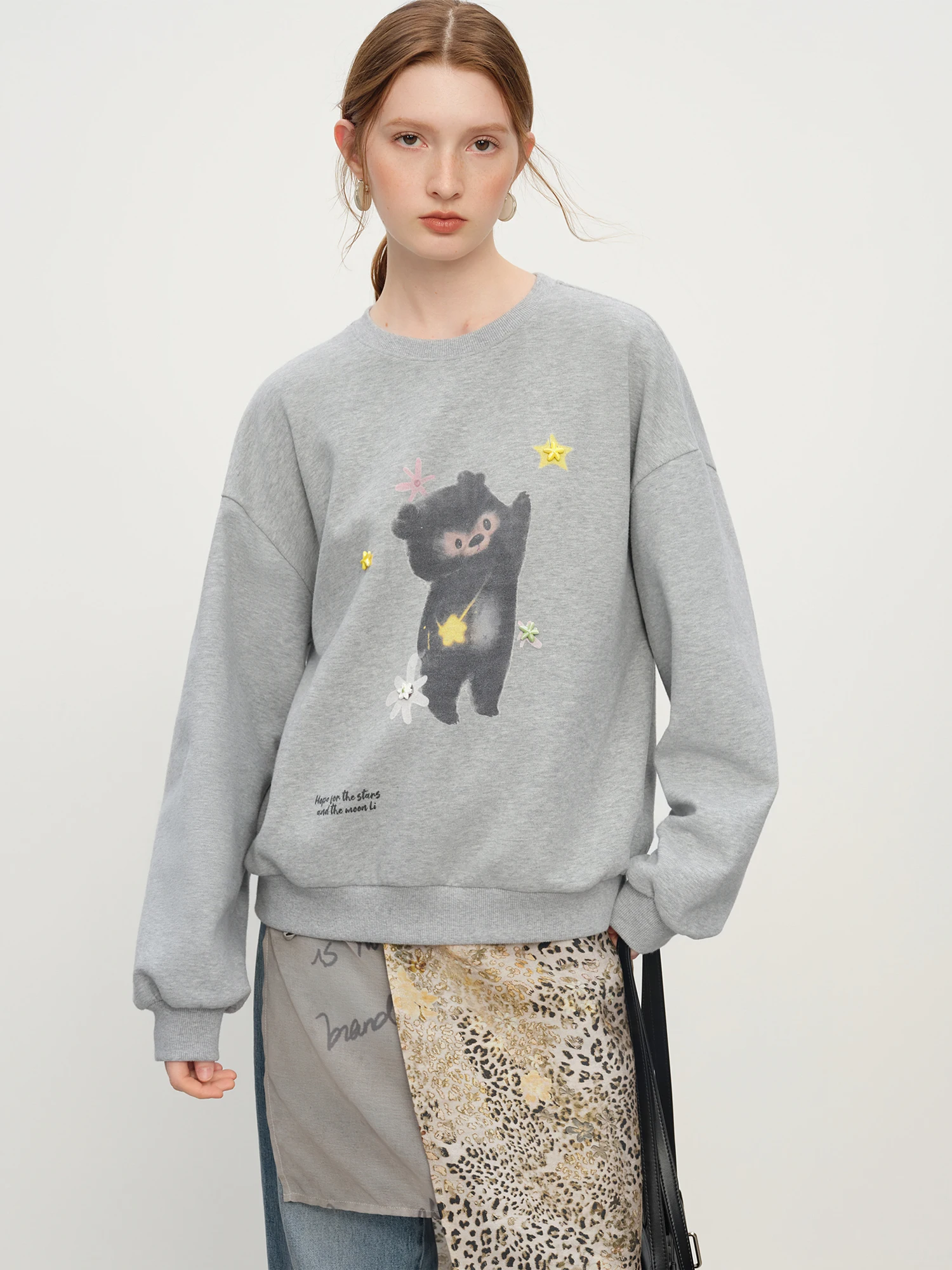 kf-Sa836429b51014567a0e4b00658de19fcP FSLE Korean Style Gray Teddy Bear Print Loose Round Neck Hoodie for Women Winter New Arrival Top Hoodies