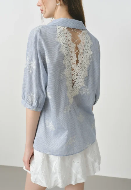 Isla Hollow Back Embroidery Striped Shirt