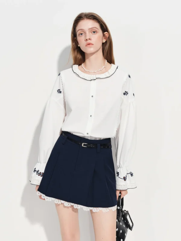 FSLE White Vintage Delicate Embroidered Lace Peter Pan Collar Shirt for Women 2026 Spring New Arrival Flare sleeves White Shirts