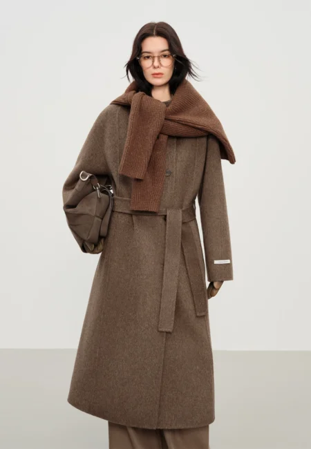 Betty Women's Elegant Stand Collar 100% Wool Double Faced Long Coat Diamond Shaped Tailoring Autumn Winter Outerwear