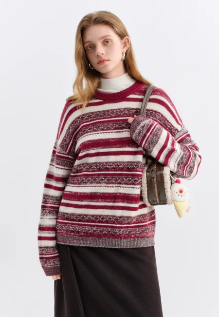 FSLE Christmas Sweater Autumn Winter Women Vintage Red Striped Knit Sweater Christmas New Year Cozy Pullover Retro Oversize Top