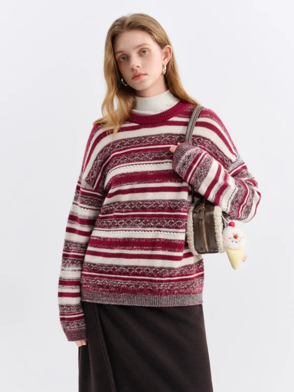 FSLE Christmas Sweater Autumn Winter Women Vintage Red Striped Knit Sweater Christmas New Year Cozy Pullover Retro Oversize Top