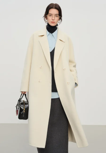 FSLE Elegant Double Breasted Camel Hair Wool Blend Double Sided Overcoat Women Winter Warm Long Coat Classic Outerwear