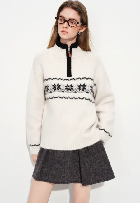 FSLE Vintage Fair Isle Jacquard Knit Sweater for Women Winter New Arrival Semi Open Front Zip Up Pullover Winter Sweaters
