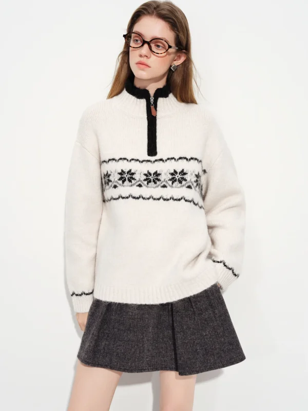 FSLE Vintage Fair Isle Jacquard Knit Sweater for Women Winter New Arrival Semi Open Front Zip Up Pullover Winter Sweaters