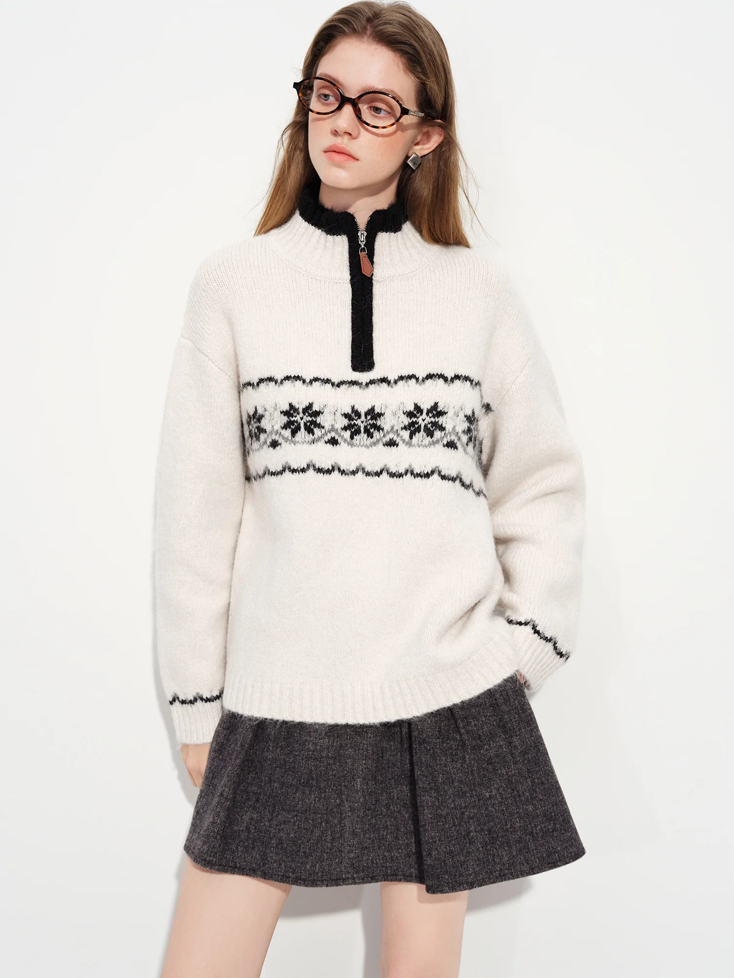 Kf-Saf3C7A6616714Ec898E67D7546130Ec1U Fsle Vintage Fair Isle Jacquard Knit Sweater For Women Winter New Arrival Semi Open Front Zip Up Pullover Winter Sweaters