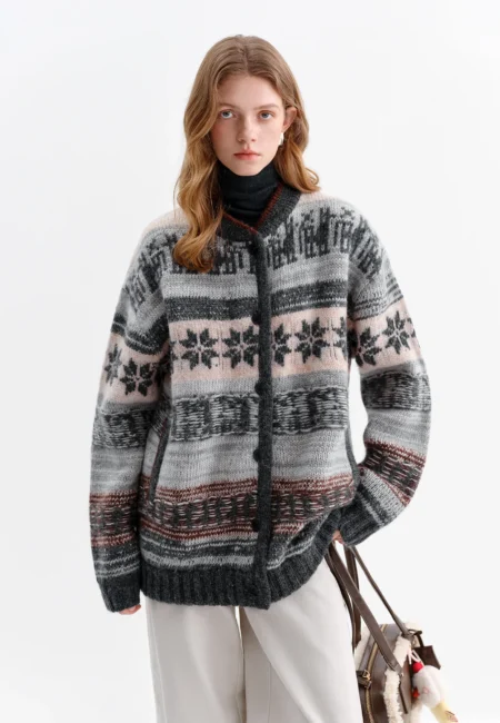 Nalah Vintage Fair Isle Jacquard Mid Long Knit Oversized Cardigan