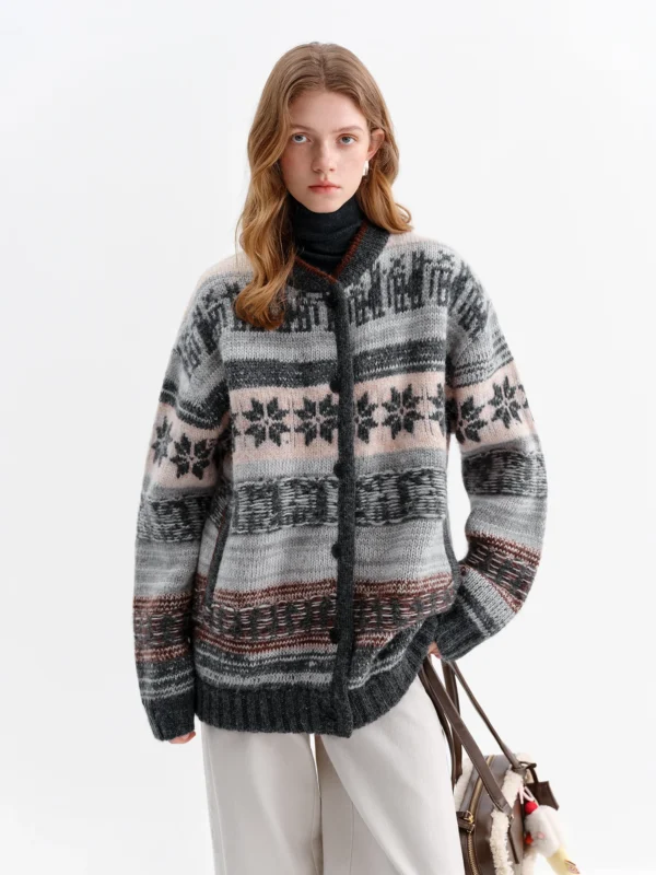 Vintage Fair Isle Oversized Wool Knit Cardigan in Dark Grey