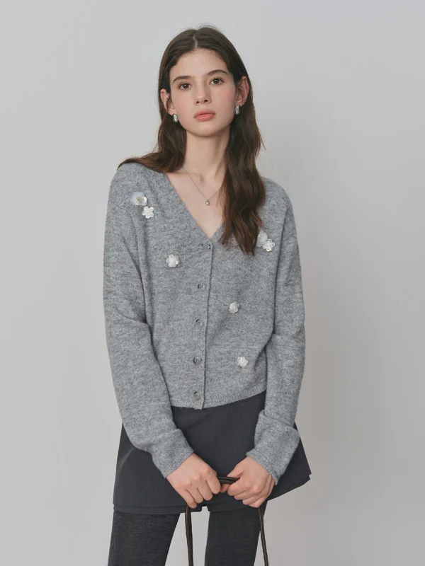 3D Beaded Flower Knit V-Neck Cardigan in Light Grey