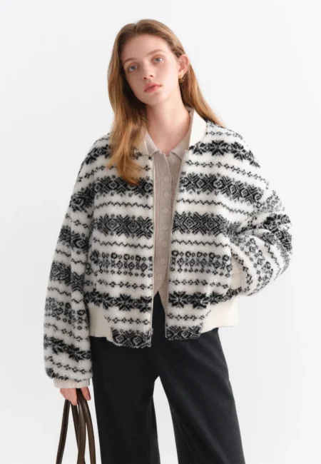 ​FSLE Winter Women's Wool Lined Reversible Short Jacket Long Sleeve Crop Outerwear for Two Sides Wear Comfort​