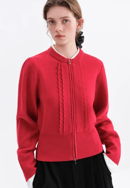 FSLE Red New Year's Holiday Fake Two Piece Knitted Cardigan for Women Winter New Style Short Zipper Sweater Simple Top